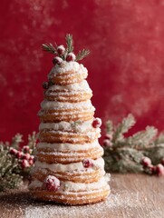 Warm Christmas composition with churros pyramid decorated with red berries on a red background. Cozy festive dessert, traditional winter treat.