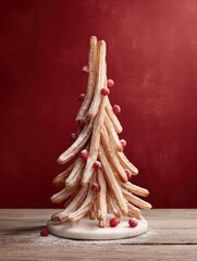 Christmas dessert composition with pyramid of churros decorated with red berries on a red background. Festive sweet treat, winter holiday concept.