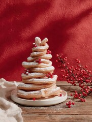 Festive Christmas dessert - churros pyramid with red berries on red background. Sweet holiday treat, traditional winter flavor.