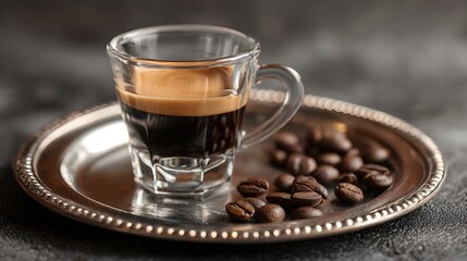 of a small glass of freshly brewed espresso sitting on a decorative silver tray next to a collection of roasted coffee beans; the rich brown colors create a warm and inviting visual.