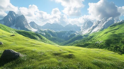 Fototapeta premium Sunny Alpine meadow, rolling hills, snow-capped peaks; nature background