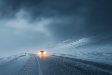 Car driving on a snowy winter road during a blizzard, headlights glowing through stormy weather, atmospheric travel scene, road safety and winter transport concept. Generative AI.