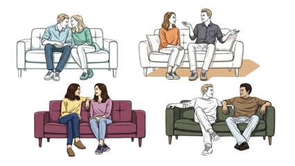 CAD Drawings – Couples Outlines Sitting and Talking on Sofa Isolated Vector Illustration