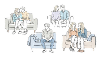 CAD Drawings – Couples Outlines Sitting and Talking on Sofa Isolated Vector Illustration