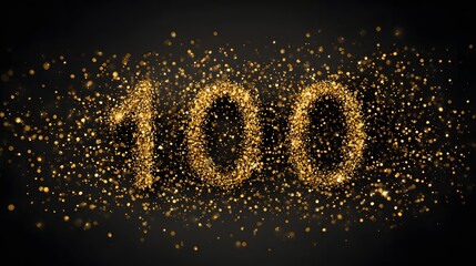 Illuminated numeral one hundred composed of numerous sparkling golden particles floating against a dark backdrop, depicting a celebratory or commemorative visual, showcasing a sense of elegance,...