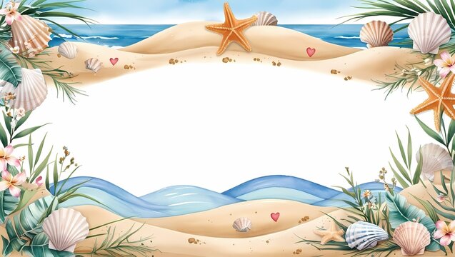 Elegant watercolor floral beach border with seashells, starfish, waves, and tropical flowers. Perfect for journals, invitations, stationery, planners, greeting cards, and creative design projects.