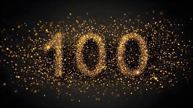 Illuminated numeral one hundred composed of numerous sparkling golden particles floating against a dark backdrop, depicting a celebratory or commemorative visual, showcasing a sense of elegance,...