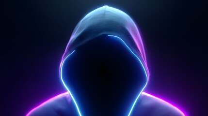 Mysterious person shrouded in shadow wears a hooded sweatshirt with a glowing neon outline.