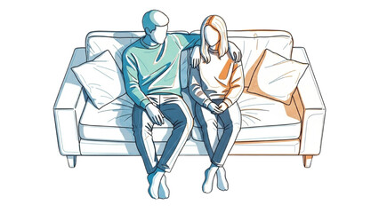 CAD Drawings – Couples Outlines Sitting and Talking on Sofa Isolated Vector Illustration