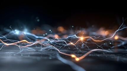 Captivating visual of glowing energy strands exhibiting a dynamic interplay of light and color, featuring orange and blue hues against a dark background, with bokeh effects adding depth, suggesting...