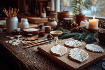 Handmade clay leaf ornaments on rustic wooden table with holiday decor setup. Concept of eco-friendly holiday decor, evoking cozy holiday crafting vibes