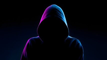 Mysterious figure shrouded in darkness, depicted in a striking silhouette. Bright neon purple and blue lighting softly outlines the hood, creating a sense of anonymity and intrigue.