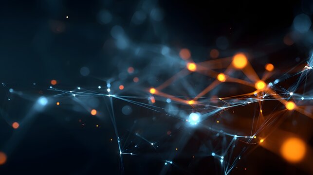 Abstract depiction showcases luminous interconnected points, forming a network of lines and glowing spheres against a dark background. - Powered by Adobe