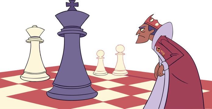 King's frustration over chess game loss, cartoon illustration of strategy game, symbolizing defeat and competition, originally vector graphics
