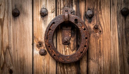 Rusty horseshoe door handle on weathered wood