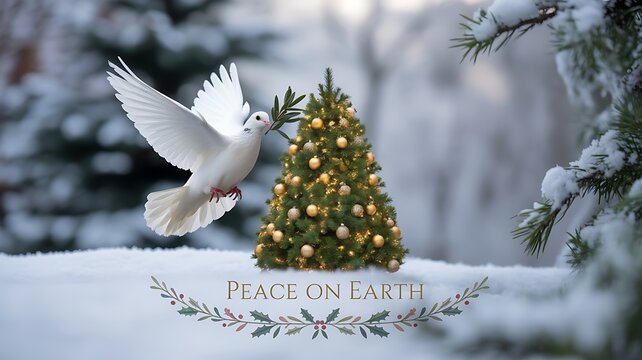 White dove and christmas tree in snowy landscape with peace on earth message
