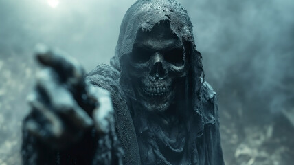 Death in a hooded cloak points ahead. A skeletal death stands in the fog, dressed in rags. The skeleton points at you. A Halloween ghost of the dead. A creepy skeleton covered in skin