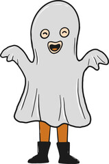 Friendly Cartoon Ghost Character in White Sheet Costume Smiling Happily for Halloween