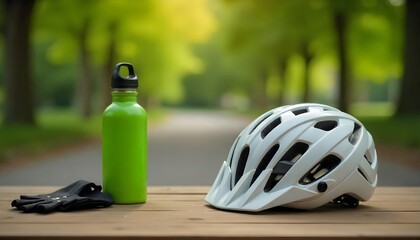 A bicycle helmet, gloves, and a water bottle on a table, representing gear for cycling adventures on World Bicycle Day