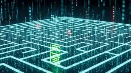 Futuristic digital maze design with glowing lines and binary code raining in the background - Powered by Adobe