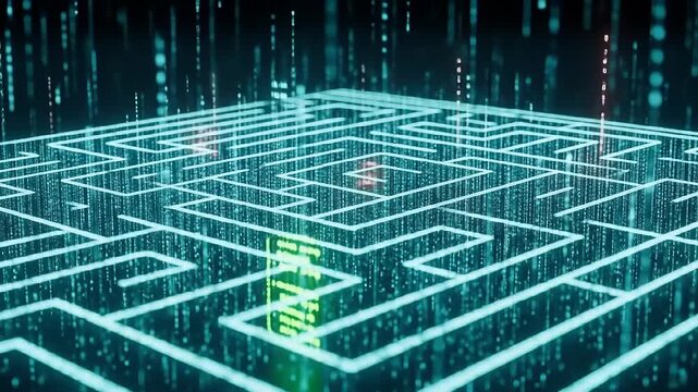 Futuristic digital maze design with glowing lines and binary code raining in the background