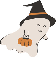 Cute Halloween Ghost with Witch Hat and Pumpkin Basket Illustration