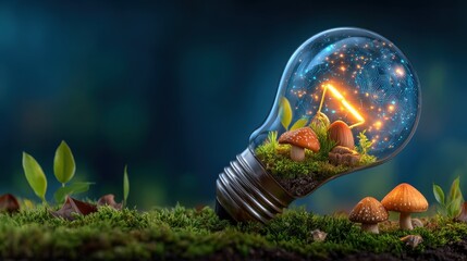 Light Bulb with Magical Mushrooms and Sparkling Environment Scene