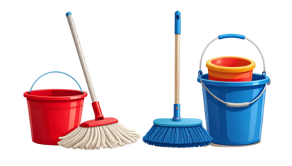 Mop and bucket bundle with two variations isolated on transparent background
