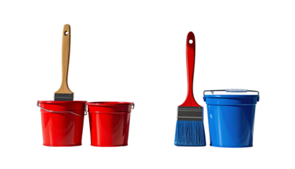 Paintbrush and paint bucket bundle with two variations isolated on transparent background