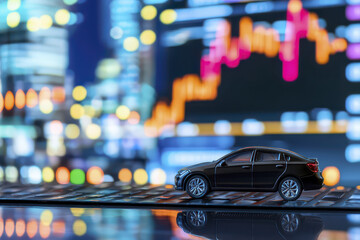 Toy car on computer keyboard with colorful financial chart in background, symbolizing technology and finance