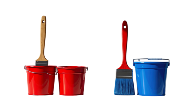  Paintbrush and paint bucket bundle with two variations isolated on transparent background