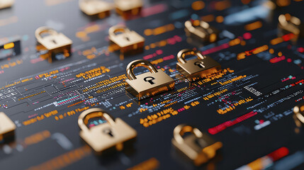 Digital security concept with golden padlocks on circuit board background, symbolizing protection and privacy