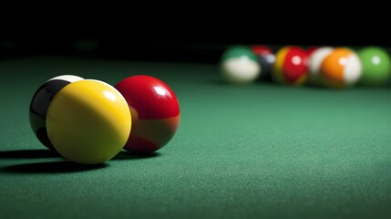Vibrant billiard balls, including black, yellow, and red, sit on a green felt surface, with other balls in the background out of focus, creating depth and a sense of anticipation in the .