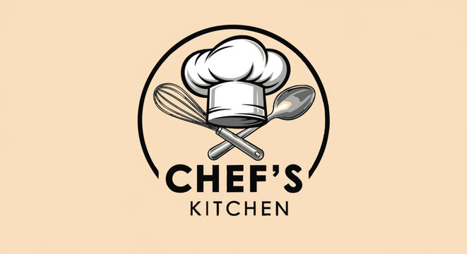 Elegant Chef's Kitchen Logo with Hat, Whisk, and Spoon for Culinary Branding