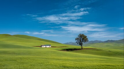 Obraz premium Serene landscape showcases a small, white house nestled amongst rolling green hills under a vibrant, clear blue sky adorned with fluffy white clouds and a single tree.