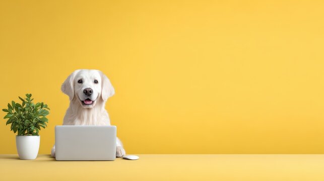 Friendly Dog Working on Laptop with Plant on Bright Yellow Background