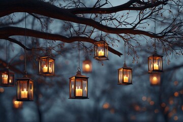 Hanging lanterns glowing warmly under tree branches in twilight forest scene. Lanterns hanging from tree branches