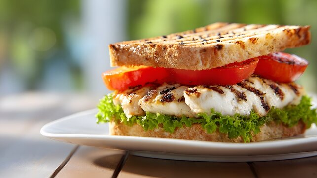 Delicious grilled chicken sandwich, featuring fresh ingredients like juicy tomatoes and crisp lettuce between toasted bread slices, presented on a white plate with an appetizing appeal against a...