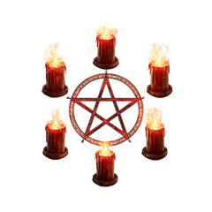 Occult ritual with burning candles isolated on transparent background