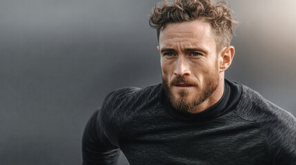 Fototapeta premium Intense athletic man focuses on his fitness goals during outdoor workout with determined gaze for sports marketing and healthy lifestyle campaign use (149)
