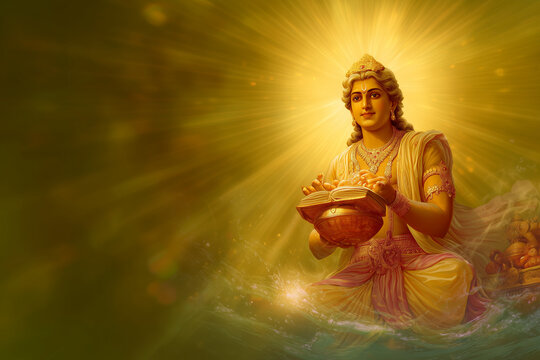 Lord Dhanvantari with pot of amrita symbolizing Ayurveda on Dhanteras.