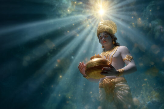 Lord Dhanvantari with pot of amrita symbolizing Ayurveda on Dhanteras.