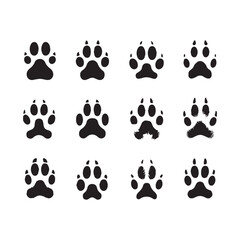 Fototapeta premium Twelve Black Silhouette Icons of Animal Paw Prints with Varied Textures and Styles on White Background