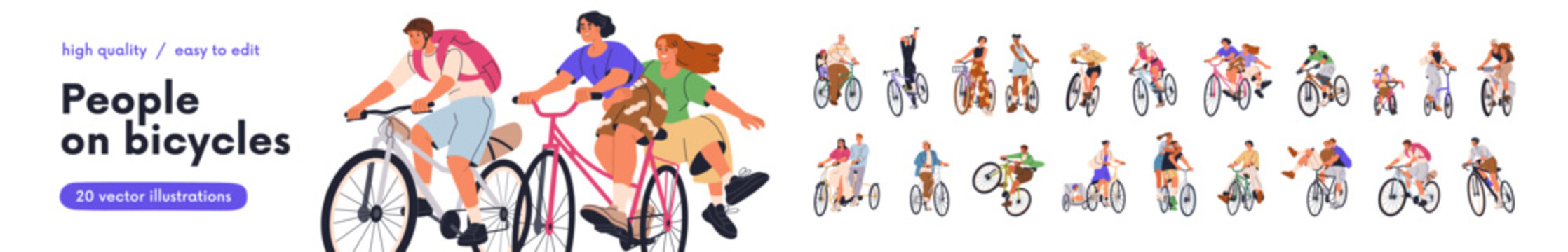 Fototapeta Happy active people riding bicycles set. Men, women and kids cycling in helmets. Excited cyclists on bikes. Young smiling bicyclists pedaling. Flat vector illustration isolated on white background