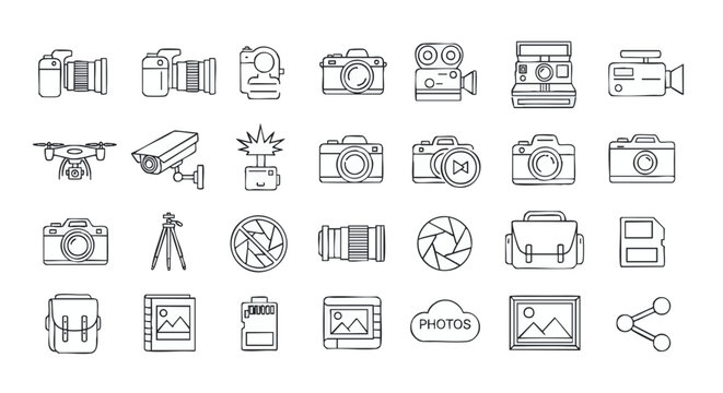 Modern photography outline icon set featuring cameras, equipment, and digital workflow elements for visual content creation apps, websites, and graphic design projects