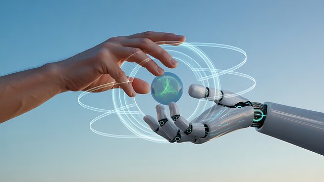 Robot and human hand touching glowing digital sphere artificial intelligence concept
