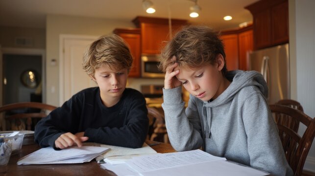 Two boys focused on homework at kitchen table with thoughtful expressions.