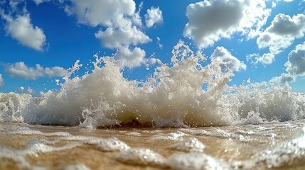Foamy waves crashing on sandy shore under a bright sky.