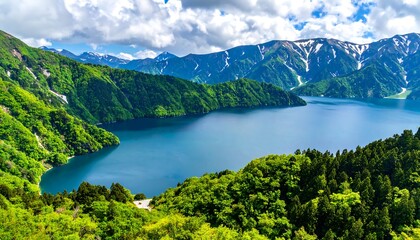 Panoramic view of a serene alpine lake nestled amongst lush green mountains