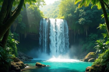 Lush Jungle Waterfall With Turquoise Water Amidst Verdant Trees